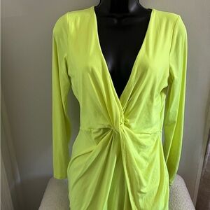 Neon Lime Wrap Knot Long Sleeve Dress